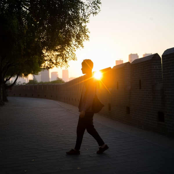 傍晚十分在西安的城墙外行走，逆光看向城墙的剪影。远处太阳逐渐落下，日落时金灿灿的阳光透过城墙透过树叶。