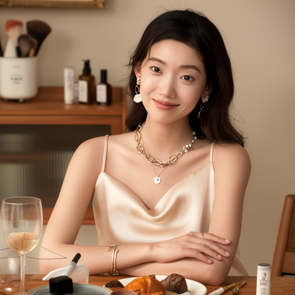 生活瞬间，美女，韩系美女，丝绸，美妆广告，家庭餐桌，4K超清，写实风格，温馨，柔和室内光，细腻皮肤，项链，耳环，手链。
