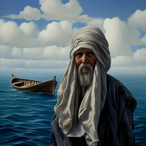 油画，老人与海，大全景，长镜头，皱纹满布的脸，大海和小船，超高清分辨率，写实风格，深沉，自然光，画布纹理，蓝天白云