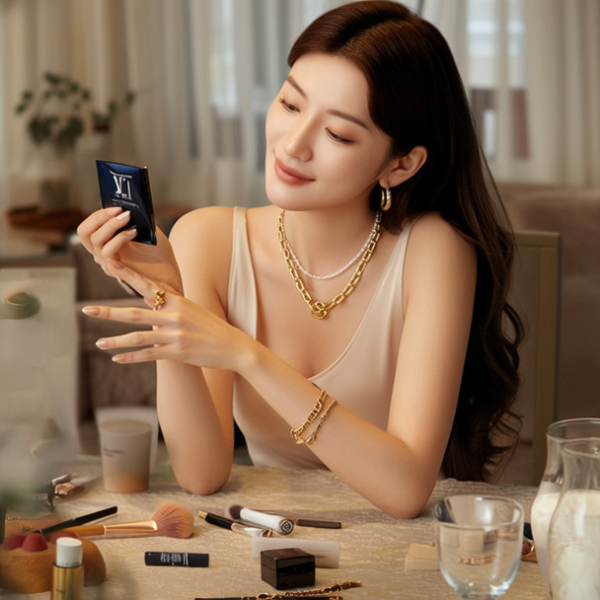 生活瞬间，美女，韩系美女，丝绸，美妆广告，家庭餐桌，4K超清，写实风格，温馨，柔和室内光，细腻皮肤，项链，耳环，手链。