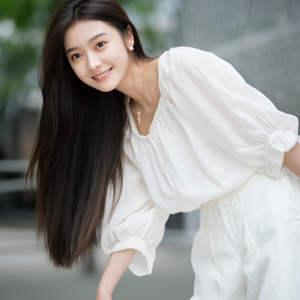 白色衣服, 美女, 长发, 直发, 灵气, 全身, 微笑, 4K