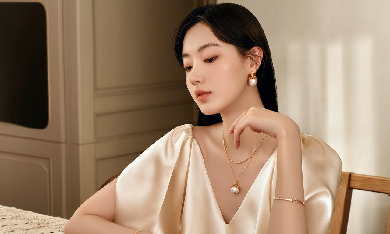 生活瞬间，美女，韩系美女，丝绸，美妆广告，家庭餐桌，4K超清，写实风格，温馨，柔和室内光，细腻皮肤，项链，耳环，手链。