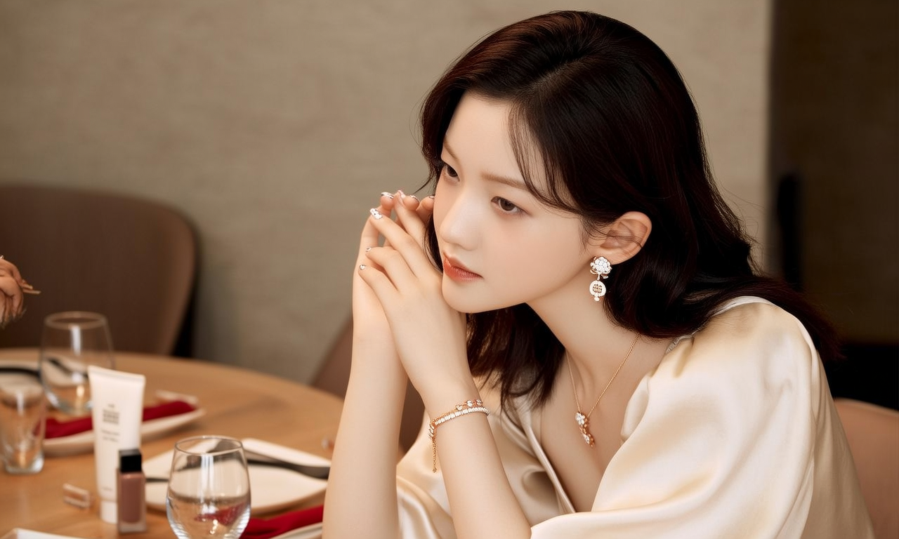 生活瞬间，美女，韩系美女，丝绸，美妆广告，家庭餐桌，4K超清，写实风格，温馨，柔和室内光，细腻皮肤，项链，耳环，手链。